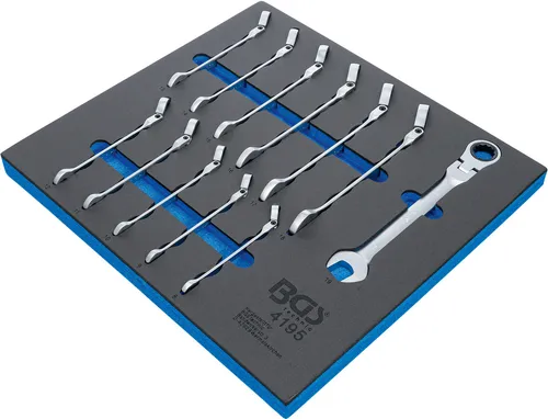 BGS 4195 Werkstattwageneinlage 2/3: Ratschenring-Maulschlüssel-Satz 12-tlg. - Ratschenschlüssel aus Chrom-Vanadium-Stahl, abwinkelbar für optimale Erreichbarkeit, ideal für präzise Arbeiten in der Werkstatt.