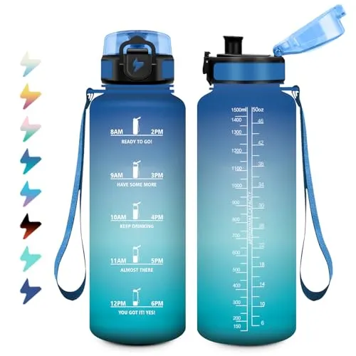 Sportflasche 1.5L, Auslaufsichere Wasserflasche mit Filter, Kohlensäure Geeignet, Trinkflasche mit Zeitmarkierung, Sport Trinkflasche für Fahrrad, Erwachsener, Wandern, Büro, Sprudel, Camping