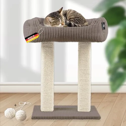 Moderner Kratzbaum Wolly | Hochwertiger Katzenbaum aus Vollholz | Made in Germany - Hochwertiger Katzenbaum aus deutscher Herstellung mit zwei stabilen Kratzsäulen, die viel Platz zum Kratzen bieten. Kuscheliger Schlafplatz mit abnehmbarem, waschbarem Kissen für maximalen Komfort.