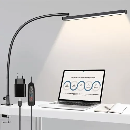 BIENSER Schreibtischlampe LED Klemmbar, 1100LM Schwanenhals Klemmleuchte, Architektenlampe Arbeitsleuchte 5 Farben X 10 Helligkeitsstufen Dimmbar, Augenschutz Klemmlampe, Büro Tischlampe, Schwarz