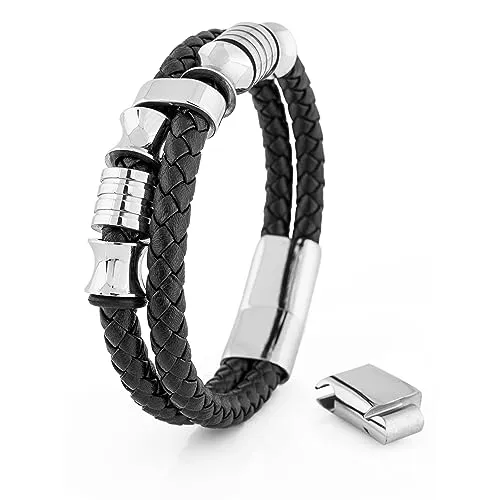 Akitsune Gracilitas Lederarmband | Armschmuck Damen Edelstahl Magnetisches Herrenarmband Silber - Schwarz 20cm