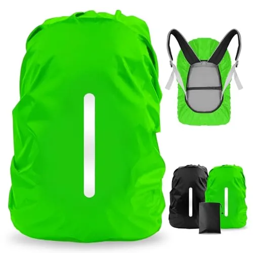 LAMA Regenschutz Rucksack wasserdichte 2 Stück Regenhülle Schulranzen mit reflektierende Streifen verstellbare Schnalle für Wandern Klettern Camping Reisen Outdoor Aktivitäten L 45-55L Schwarz Grün
