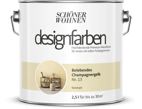 Designfarbe Gelb - Belebendes Champagnergelb von Schöner Wohnen 2,5L - Farben für den Innenbereich, ideal für Esszimmer. UV-beständig und farbecht, mit einer Deckkraft von 21-30 m². Trocknet in nur 6 Stunden und lässt sich leicht mit der Rolle verarbeiten.