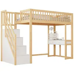 Kinderbett(Natur)Hochbett mit Multifunktionstisch,sicherer Aufbewahrungstreppe,Bettgestell aus massivem Kiefernholz für Kinder und Jugendliche