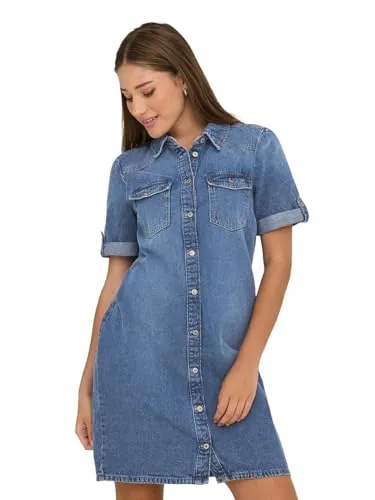 ONLY Jeanskleid ONLLISA S/S DNM DRESS GUA blau XL (42) - Modisches Jeanskleid in Medium Blue Denim, pflegeleicht und perfekt für lässige Anlässe. Mit Brusttaschen und Kurzarm für einen stylishen Look.