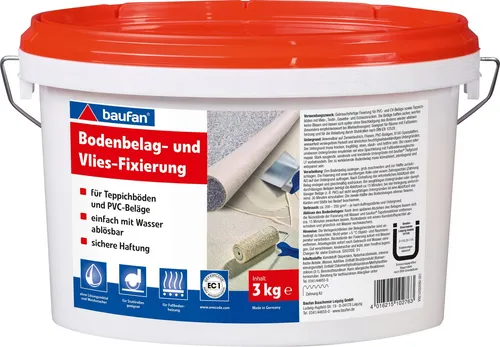 Baufan Bodenbelag- und Vliesfixierung 3 kg - Montagekleber - Hochwertiger Montagekleber für eine sichere Fixierung von Bodenbelägen und Vlies. Ideal für den professionellen Einsatz und sorgt für langlebige Ergebnisse.