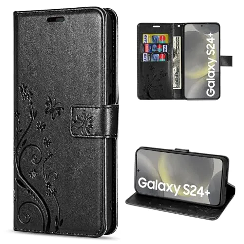 Hülle Kompatibel mit Samsung Galaxy S24+ | Premium PU Leder Handyhülle Wallet Case für Galaxy S24+ | Schutzhülle Blumen Klapphülle Handyhülle | Schwarz