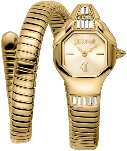 Just Cavalli Time Quarzuhr Signature Snake JC1L326M0025 - Elegante Damenuhr mit goldfarbenem Edelstahlband, funkelnden Kristallsteinen und edlem Perlmutt-Zifferblatt – perfekt für festliche Anlässe.