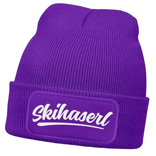 MoonWorks® Damen Beanie mit Patch Skifahren Strickmütze mit Spruch Aufdruck Skihaserl Damenmütze Violett Unisize