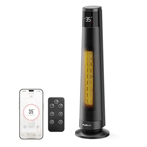 FLANUR Heizlüfter Energiesparend, 1500 W PTC Keramik Heizlüfter Leise, 74cm Elektroheizung mit Thermostat & Fernbedienung, ECO Modus, 70° Oszillation, 12h Timer, Überhitzungs-Kippschut, Black, 1Pack