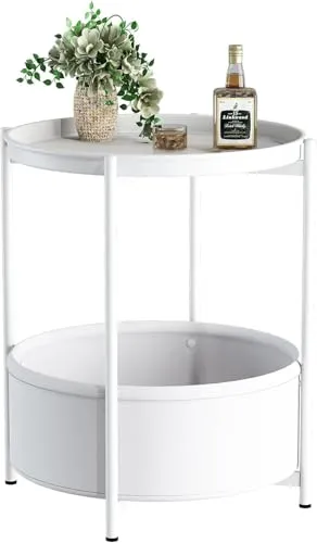 Beistelltisch, runder Beistelltisch mit Stoffkorb, Kleiner Nachttisch, Nachttisch Sofatisch für Wohnzimmer, Schlafzimmer, Badezimmer, Balkon, Moderner Stil (Weiß)