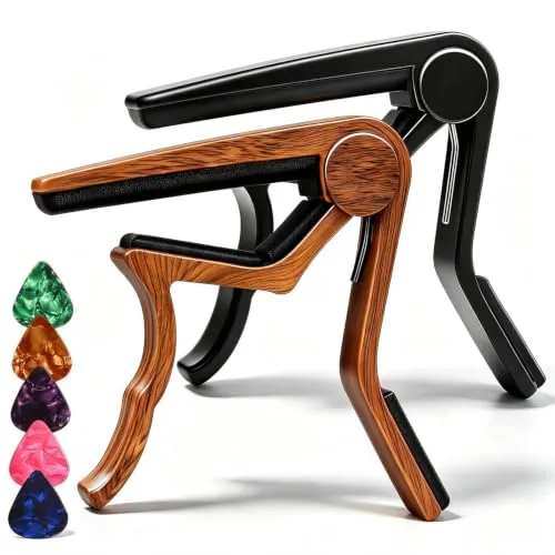 Kapodaster für Akustik- und E-Gitarren, Akustikgitarre, Kapodaster für Akustikgitarre, 6 Saiten, 2 Packungen mit 5 Plektren (Holz + Schwarz)