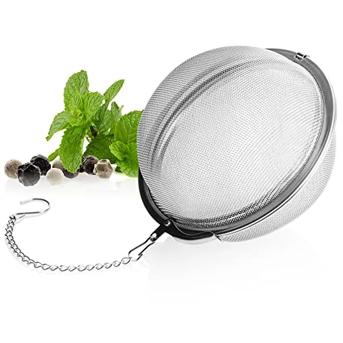 com-four® Teesieb aus rostfreiem Edelstahl 304 - großes Teeei für losen Tee, Kräuter und Gewürze - feinmaschiger Teefilter mit Kette - Gewürzsieb - Kräutersieb (1 Stück - 9 cm Ø)