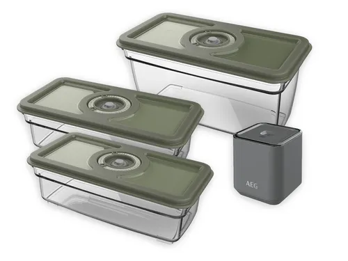 AEG AVFK1+ Handvakuumierer mit 3 Behältern - Vakuumierer für frische Lebensmittel, inkl. 1,6 l und 2x1 l Behälter. Wiederaufladbare Pumpe mit automatischer Stopp-Funktion für perfektes Vakuum. Ideal für die Lagerung im Kühlschrank oder Gefrierfach.