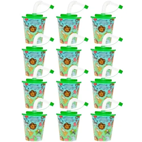 BEMIRO 12er Set 3D Trinkbecher mit Deckel und Strohhalm für Kinder - 250 ml, Becher mit Deckel und Strohhalm mit verschiedenen Designs, Trinkbecher für Kinder (Dschungel)