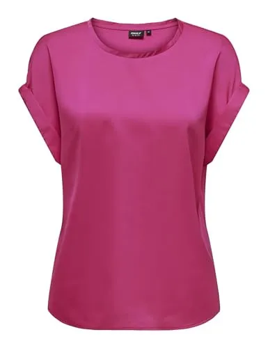 ONLY Damen Onllieke S/S Satin Mix Top WVN Noos Oberteil Mit O-Ausschnitt Und Kurzen Ärmeln Für Den Femininen Stil, Pink Yarrow, X-Small