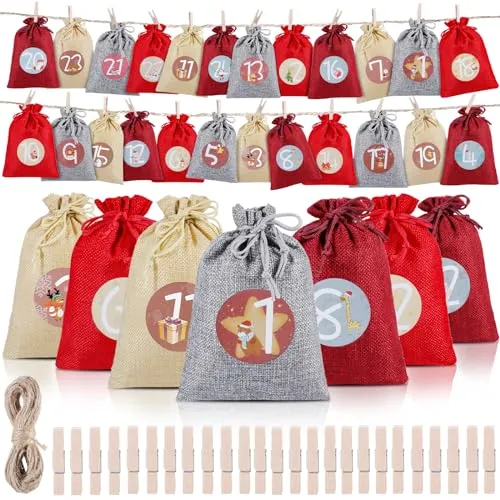 Adventskalender zum Befüllen Groß,24 Adventskalender Weihnachtskalender zum Selber Befüllen,Adventskalender Selber Basteln Säckchen mit Zahlen,DIY Weihnachten Aufhängen Geschenksäckchen für Kinder