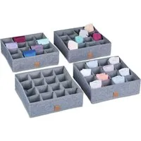 Relaxdays Unterwäsche Organizer 4er Set Grau - Bringe Ordnung in Deine Schubladen mit diesem praktischen 4er Set. Die Organizer bieten 16 Fächer pro Box für Socken, Unterwäsche und mehr. Bei Nichtgebrauch lassen sie sich einfach zusammenfalten und platzsparend verstauen.