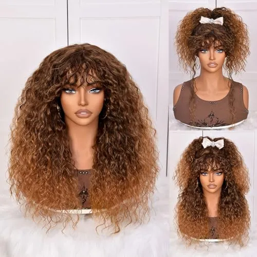 Lizzy Ombre Braun Lockige Perücke mit Pony für Schwarze Frauen Lange Lockige Echthaar Perücke Klebefrei für den Alltag, Realistischer Look mit Echtem Haaransatz