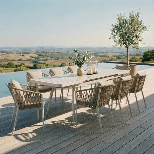 Gartenmöbel Set Sunny: Ausziehbarer Esstisch mit 8 Stühlen - Esssets für die Terrasse mit ausziehbarem Tisch (180-240 cm) und eleganter Rope-Bespannung, ideal für gesellige Runden im Freien.