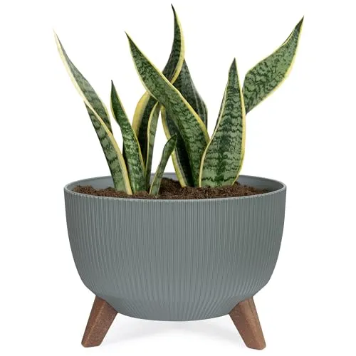 KONZEPT Pflanzenschale mit Füßen 33 cm Blumentopf Kunststoff Graugrün, Pflanzkübel Groß Außen, UV-Beständig, Wetterfest, Mit Wasserablauf, Perfekt für Solarbrunnen & Miniteich