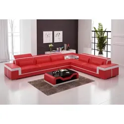 Design Wohnzimmer Ecksofa Möbel Eckcouch Lederpolster Couch Sofa L Form + Tisch - Rot