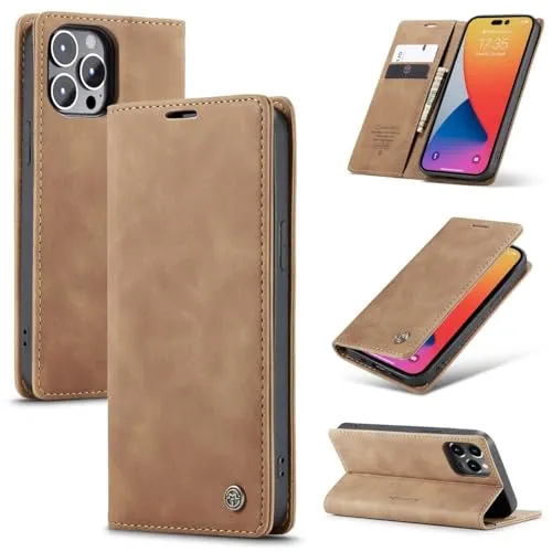 König Design Handyhülle für Apple iPhone 14 Pro Max Hülle Premium Kunst-Leder Klappbar Flip Case Magnet Kartenfach Standfunktion Tasche Schutzhülle für Apple iPhone 14 Pro Max (Braun)