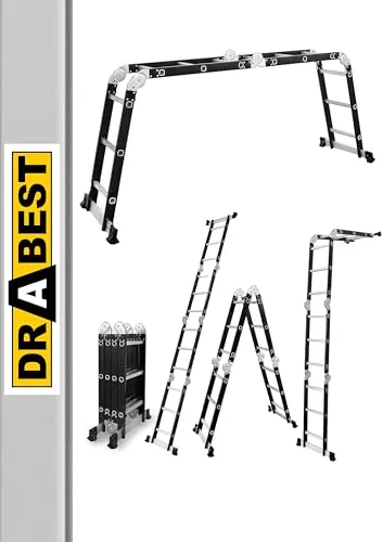 DRABEST - Gelenkleiter 4x3 Sprossen - aus Aluminium und Stahl - Klappleiter, Aluleiter - Maximale Belastung bis 125 kg - Mehrzweckleiter, Ausziehleiter - 0,32 x 0,98 x 0,25 m