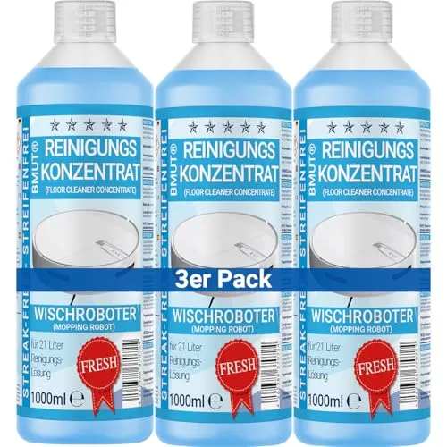 3x 1000ml Wischroboter Reinigungsmittel Konzentrat mit Frische-Duft & Dosierbecher | Streifenfrei & schaumarm | Saugwischer | Bodenreiniger