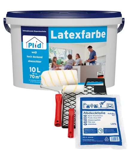 Latexfarbe + Anstrichset 10L Weiß - Farben & Lacke, strapazierfähige und hochdeckende Wandfarbe, ideal für häufig gereinigte Flächen in Innenräumen.