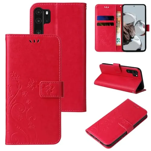 LBH Handy Hülle für Huawei P30 Pro Case Handytasche Schmetterling Blumen Flower Standfunktion Schutzhülle Magnet Rundum Schutz 360 Grad Flipcase Cover Rot