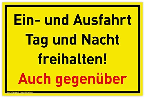 Schild Ein- und Ausfahrt | 30 x 20 cm | wetterfestes PVC-Schild mit UV-Schutz | signalgelb | Tag und Nacht freihalten Auch gegenüber | Einfahrt freihalten, Ausfahrt freihalten