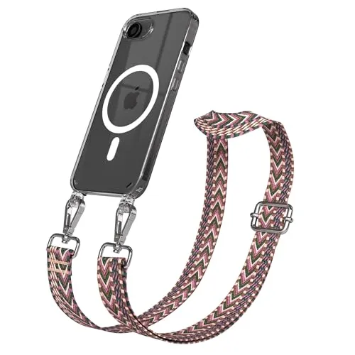 EAZY CASE Handykette - Verstellbares Taschenband kompatibel mit iPhone 16e, Schulterriemen, Handykordel mit Silikon Hülle, Qi Charging kompatibel, Umhängetasche, Beere Pink Silber