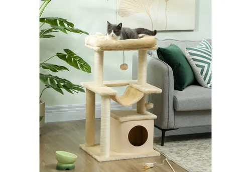 PawHut Katzenbaum 90 cm - Der perfekte Spiel- und Ruheplatz für Ihre Katze - Aktivitätskratzbaum mit Hängematte, Katzenhöhle und stabiler Konstruktion. Ideal für Spiel und Entspannung, schützt Ihr Mobiliar und bietet einen gemütlichen Rückzugsort.