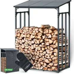 holz4home® Kaminholzregal Außen - Robust und Stilvoll - Aschesauger: Hochwertiges Kaminholzregal mit Überdachung, inklusive Ofenhandschuh für sicheres Handling und stilvolle Aufbewahrung von Brennholz.