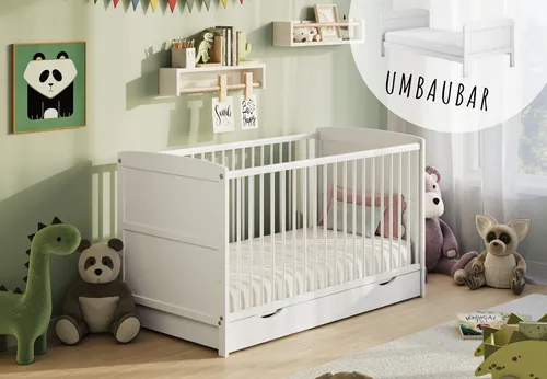 Kids Collective Babybett 70x140 - Umbaubar mit Schublade - Babybett aus Kiefernholz, höhenverstellbar und mit praktischer Schublade für Stauraum. Ideal für Kinder von Geburt bis 6 Jahre.