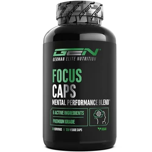 Focus Caps - Mental Performance Blend, 120 Kapseln - Nahrungsergänzungsmittel für volle Konzentration und mentale Klarheit. Ideal für Studium, Job oder Training mit 320 mg Koffein pro Tagesdosis – für stabile Leistung ohne Crash.