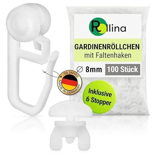 Rollina Gardinenhaken 8mm (100 Stück) inkl. 6 Feststeller | Gardinenröllchen für Schienen mit 4 mm Laufkanal | Gardinengleiter in Standardgröße | Vorhanghaken mit Stopper