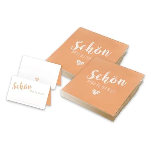 itenga Tischdeko Set - Servietten Schön dass du da bist 30 x 30cm 3-lagig 40 Stück und 48 passende Tischkarten für Kommunion Konfirmation Hochzeit Taufe und andere Feiern (Apricot)