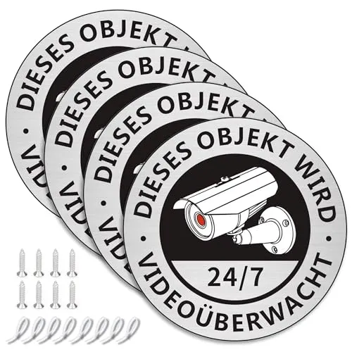 Stück Videoüberwachung Schild, 10 x 10 cm Großes Rundes Aluminiumschild, Achtung Videoüberwachung für Privatgrundstück mit Selbstklebend, Schild Videoüberwachung, Warnschild 4
