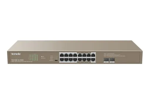 Tenda Gigabit PoE Switch 18 Port Unmanaged Ethernet LAN Switch (230W, 16x PoE+ & 2X SFP, VLAN, QoS, 19 Zoll Rack-Montage, Plug-and-Play Netzwerk Switch) (TEG1118P-16-250W)