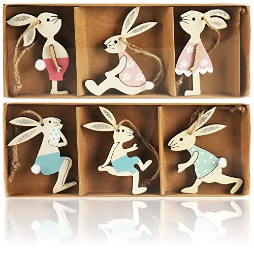 com-four® 6X Dekoaufhänger Hase - Osterschmuck aus Holz zum Aufhängen - Holzaufhänger Hasen zum Dekorieren - Ostern (6 Stück - Osterhasen)