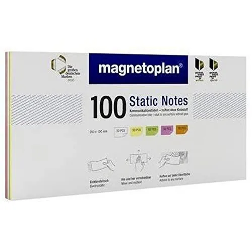 magnetoplan® Anzeigetafel Statische Notizen 100 Stk. - Flexibel und Wiederverwendbar - Entdecken Sie die magnetoplan Static Notes: 100 Stück in 5 Farben, ideal zum Organisieren von Ideen. Haften ohne Klebstoff, sind beschreibbar und trocken abwischbar – perfekt für Meetings und kreative Prozesse.