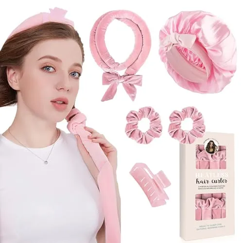 Locken Ohne Hitze,Samt Lockenwickler Über Nacht mit Schlafmütze, Hair Curler DIY Haare Lockenband Frisurenset,Lockenwickler Über Nacht,Heatless Curls Band für Langes Mittleres Haar-Rosa