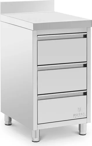 Royal Catering Edelstahl-Arbeitsschrank 50 x 60 cm mit 3 Schubladen - Vorratsschrank aus Edelstahl mit 186 kg Tragfähigkeit, ideal für Gastronomieküchen. Mit 3 leisen Schubladen für optimale Organisation und hygienische Aufkantung für einfache Reinigung.