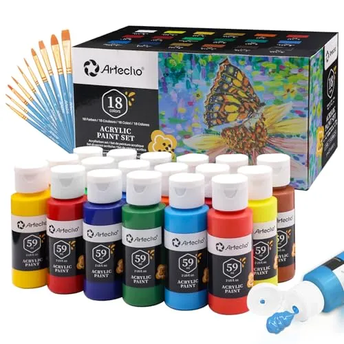 Artecho Acrylfarben Set 18 x 59ml mit 10-teiligem Pinsel, Acrylfarben Wasserfest und Lichtecht, Ungiftig, Acrylic Paint Set, Ideal für Leinwand, Papier und Stoffe, Geeignet für Anfänger und Profis