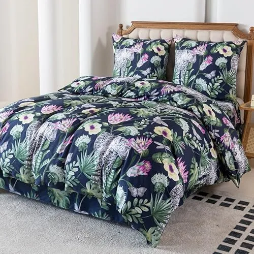 Cotton Market Bettwäsche 200x200 cm - Bettwäsche Mikrofaser Baumwolle - Herbst Bettwäsche-Sets 3 Teilig ‎mit Reißverschluss - Blumen Bettbezug mit 2 Kissenbezug 70x80 cm - Panther/Grün