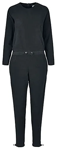 Urban Classics Damen Polar Fleece Jumpsuit - Schwarz (XL) - Bequemer Jumpsuit mit optimaler Passform, Kordelzügen und praktischen Seitentaschen. Stilvolle Kontraststreifen an den Beinen für einen modernen Look.