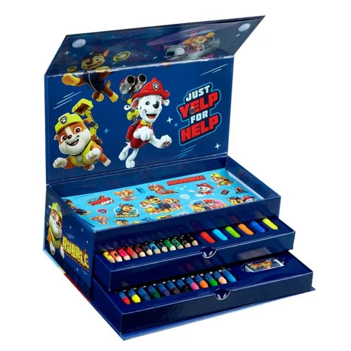 Paw Patrol Malkasten mit Schublade - Brettspiele: Kreativer Malkasten im Paw Patrol-Design mit zwei Schubladen, gefüllt mit Buntstiften, Wachsmalstiften und mehr. Ideal für junge Künstler und Paw Patrol-Fans, perfekt für Zuhause und unterwegs.