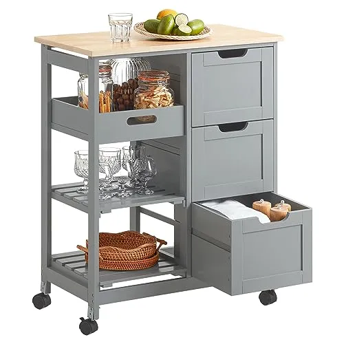 SoBuy Küchenwagen FKW79, Servierwagen mit 2 abnehmbaren Ablagen - Ordnungswagen mit pflegeleichter Oberfläche, ideal für eine flexible Nutzung in der Küche. In Hellgrau, einfach zu montieren und mit praktischen Rollen für Mobilität ausgestattet.
